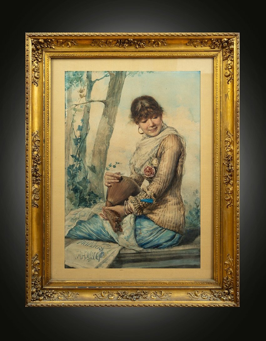 Aquarelle Ancienne Représentant Une Femme à La Mandoline. Naples 19ème Siècle.