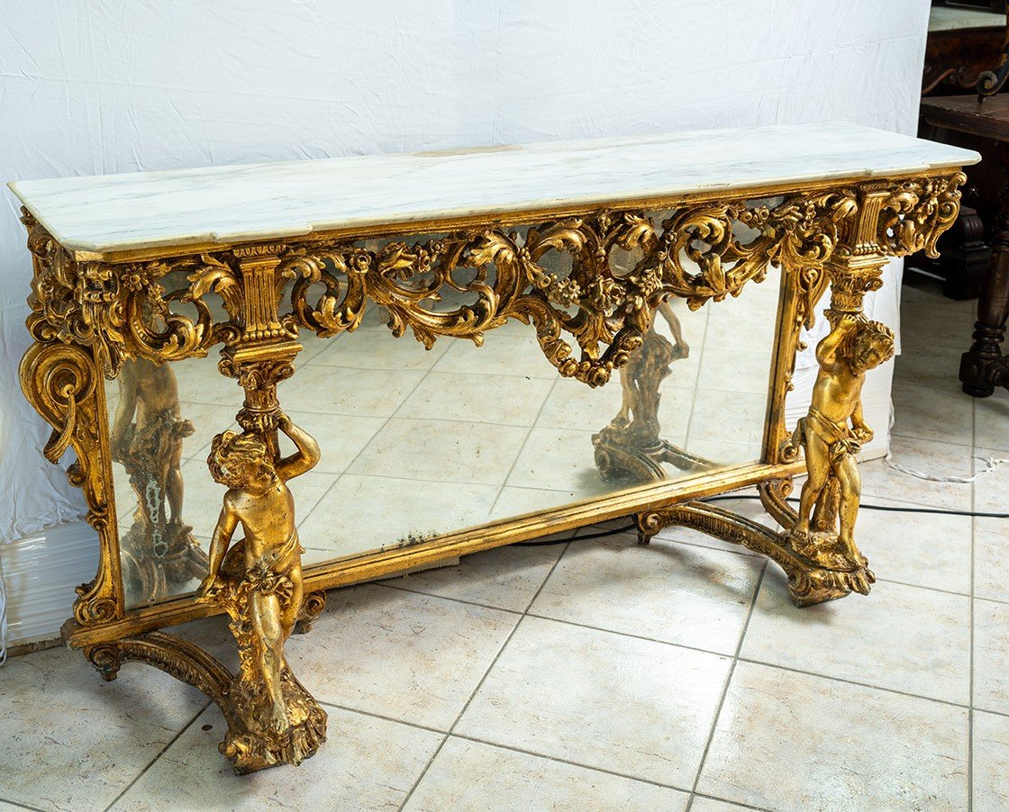 Antique Gilded Console Table With Mirror From The Late 20th Century.-photo-4