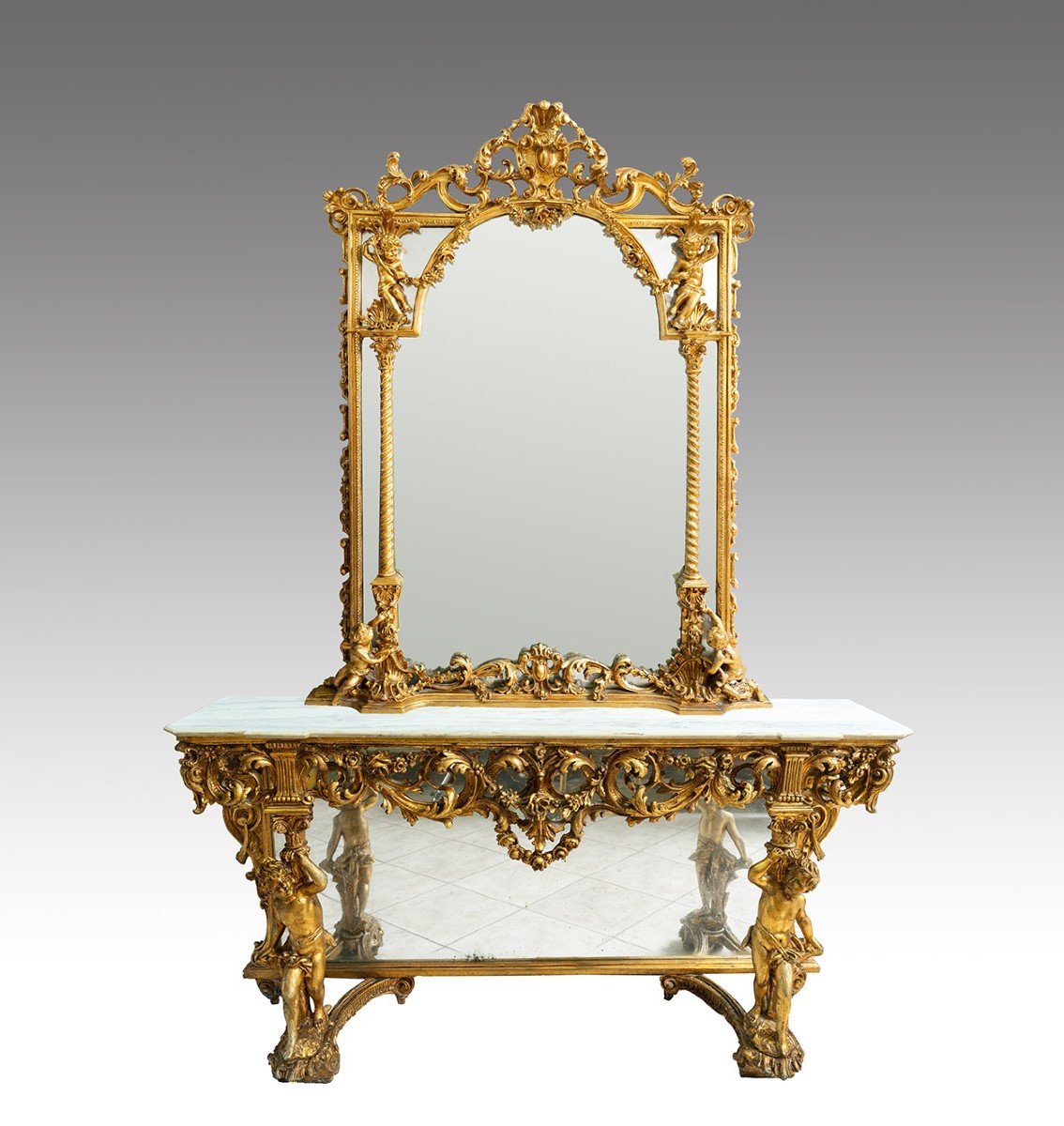 Antique Gilded Console Table With Mirror From The Late 20th Century.