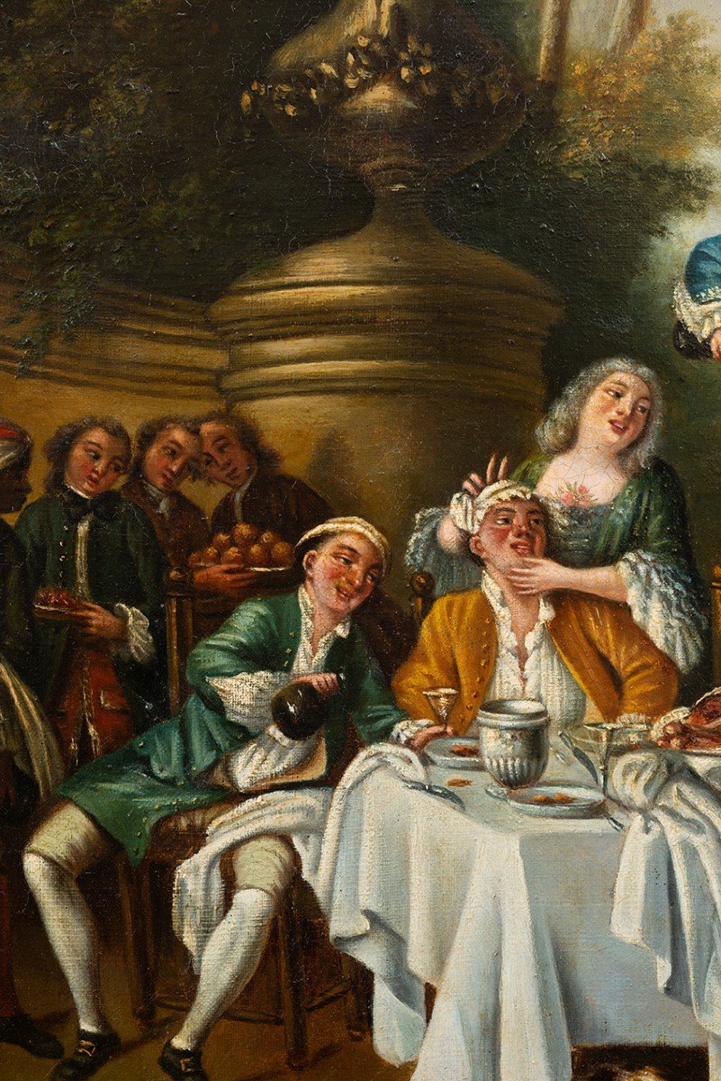 Antique Oil Painting On Canvas Depicting A Banquet In The Countryside. France, 19th Century.-photo-2