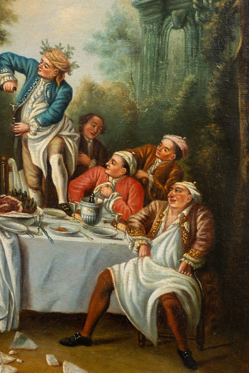 Antique Oil Painting On Canvas Depicting A Banquet In The Countryside. France, 19th Century.-photo-3