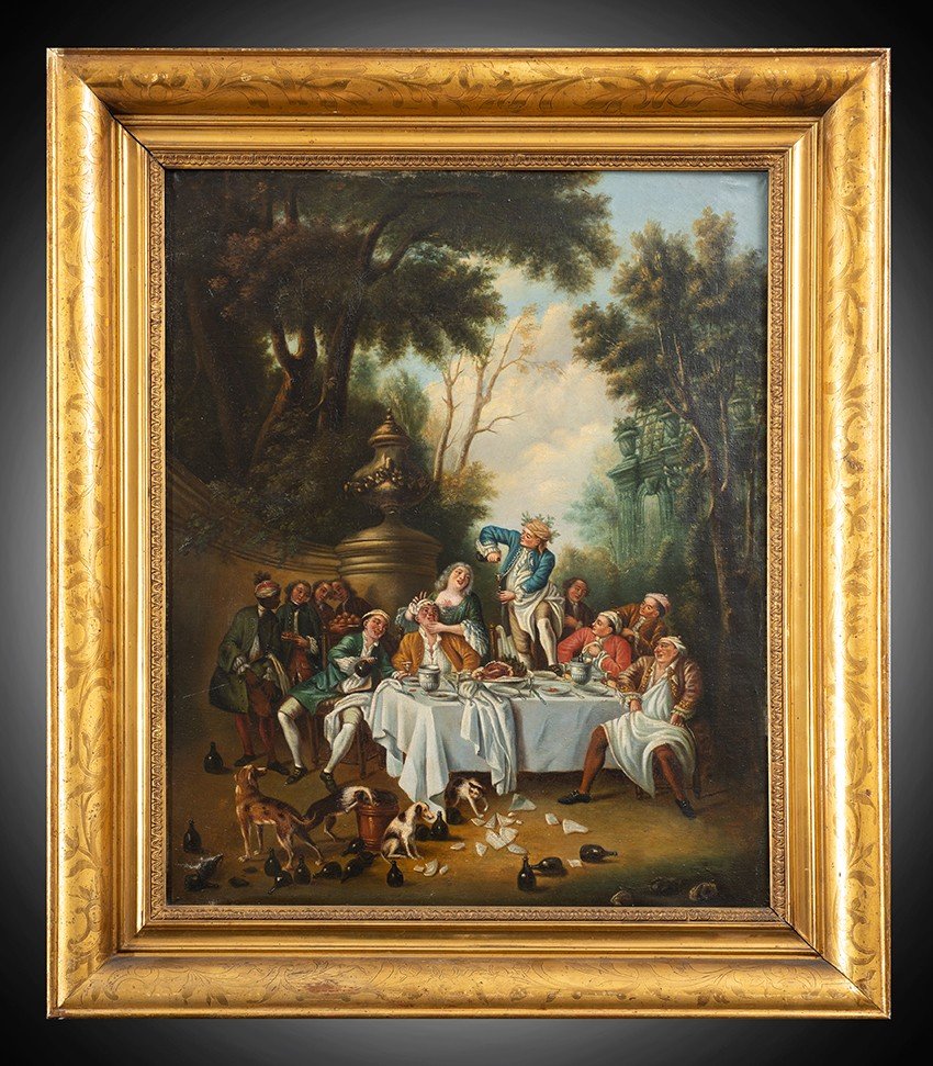 Antique Oil Painting On Canvas Depicting A Banquet In The Countryside. France, 19th Century.