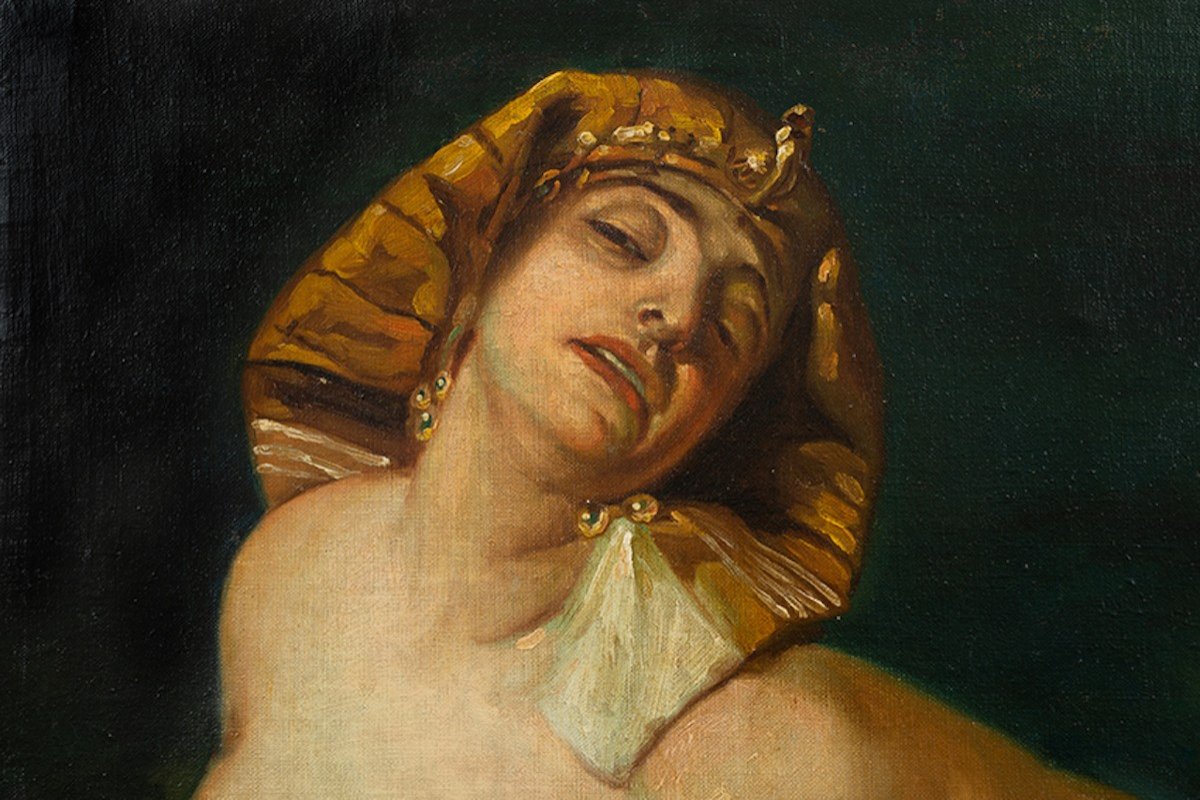 Oil On Canvas Depicting "cleopatra". Naples 19th Century.-photo-2