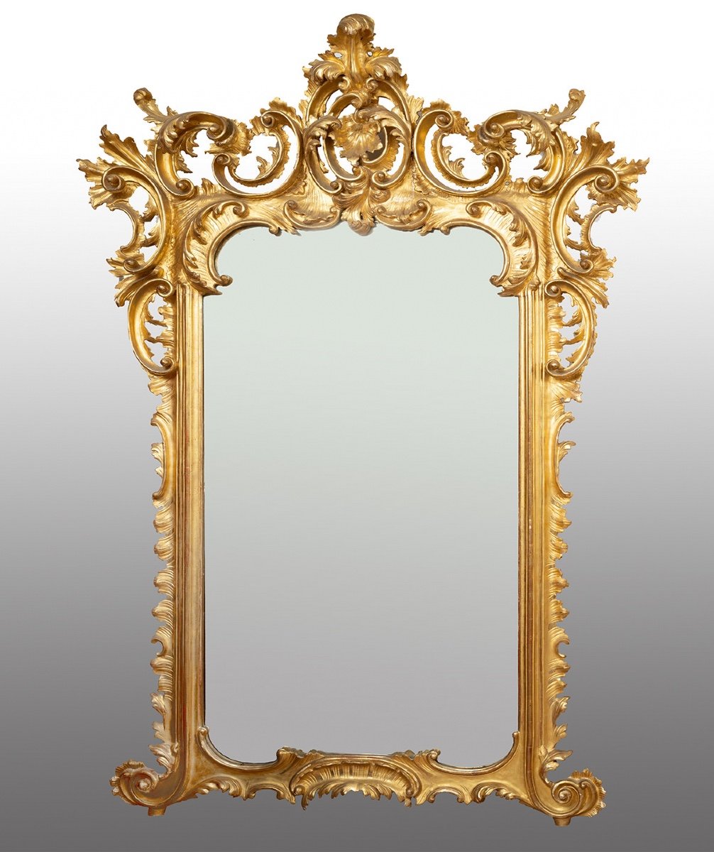 Miroir Ancienne En Bois Doré Et Sculpté. Naples 19ème Siècle.