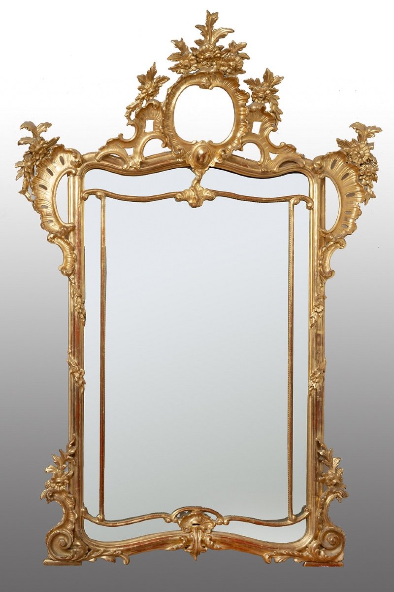 Miroir Ancienne  En Bois Doré Et Sculpté. Naples 19ème Siècle.