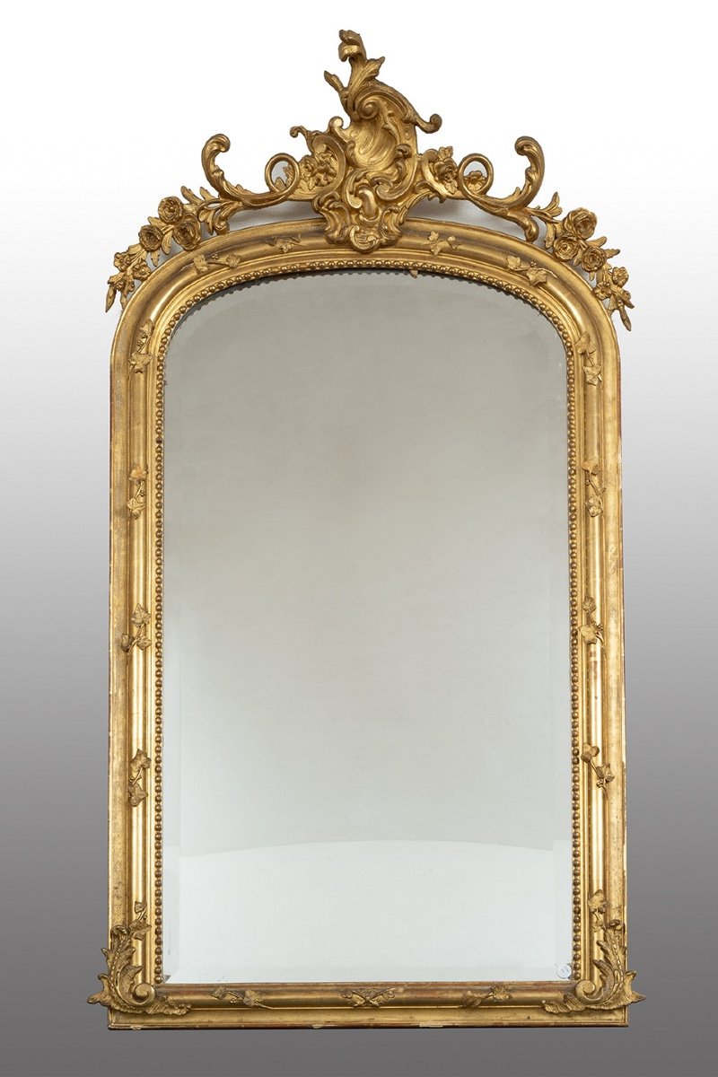 Miroir Ancien Napoléon III En Bois Doré Et Sculpté. France 19ème Siècle.