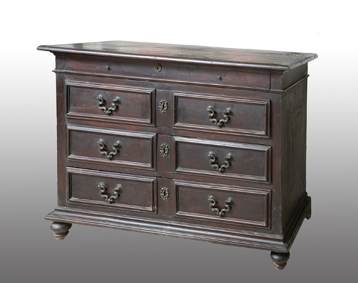 Tuscan Chest Of Drawers/chest Of Drawers Plated In Walnut From The Late 17th Century.