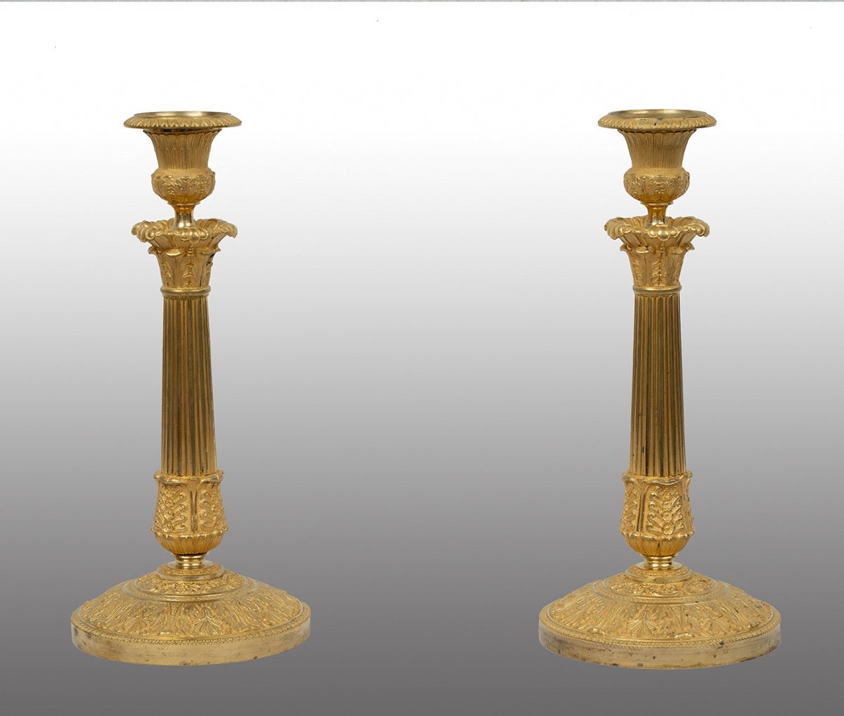 Pair Of Antique French Empire Gilded Bronze Candlesticks. Period 19th Century.