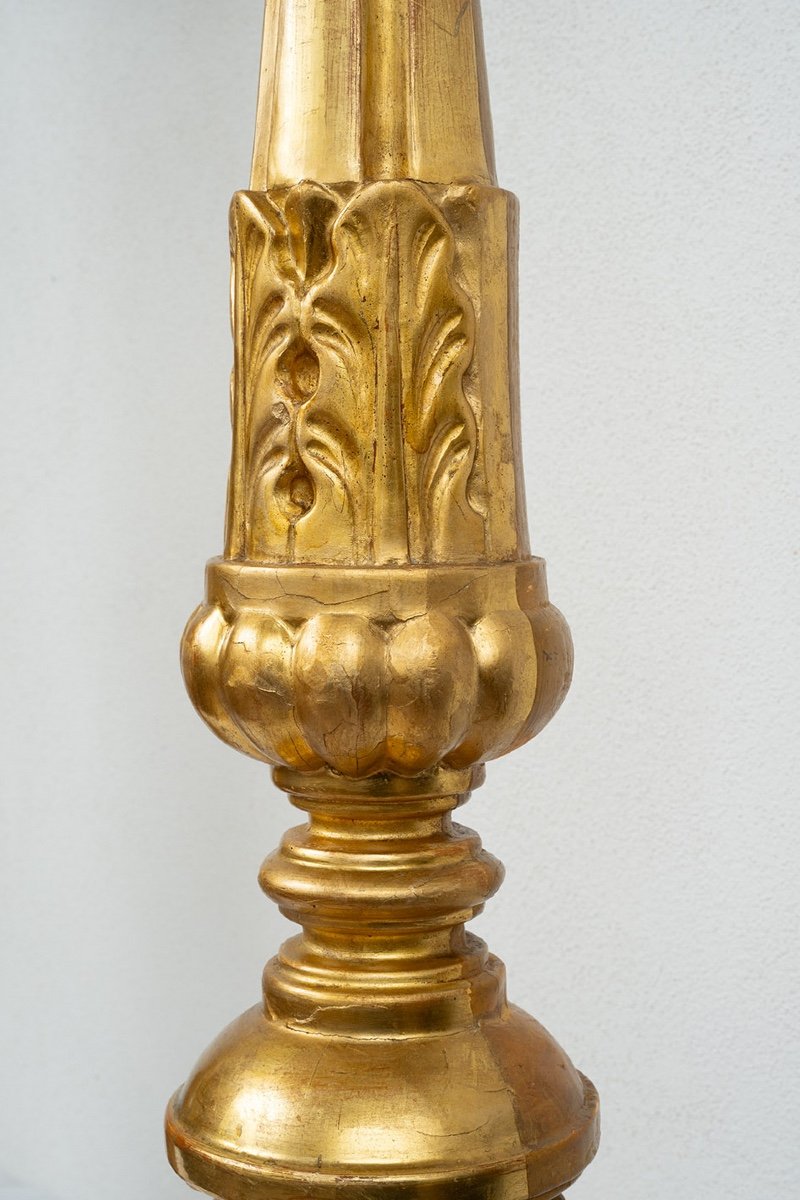 Pair Of Antique Gilded And Carved Wooden Torches. Florence, Early 19th Century.-photo-4