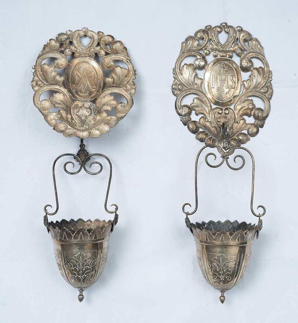 Pair Of Antique Holy Water Stoups In Chiseled Silver. Rome, 19th Century.-photo-4