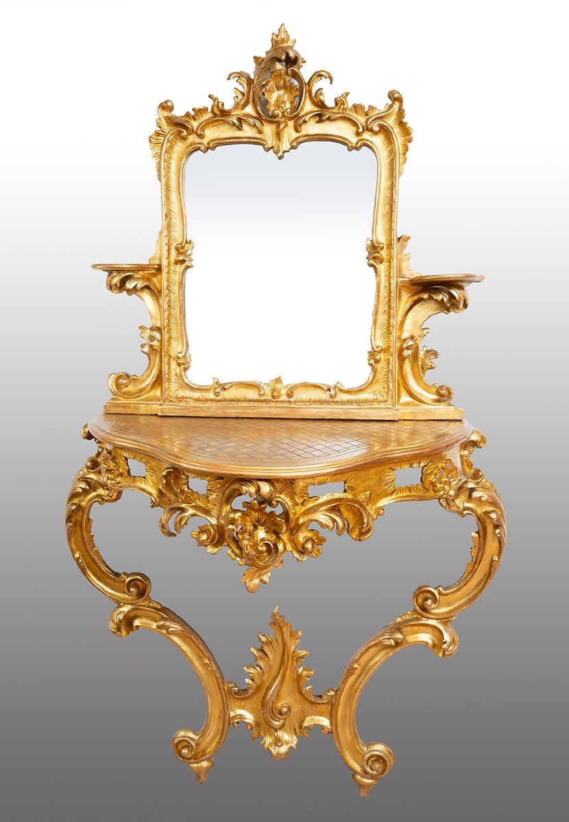 Console With Antique Mirror Louis Philippe Neapolitan In Gilded And Carved Wood. Period 19th Ce