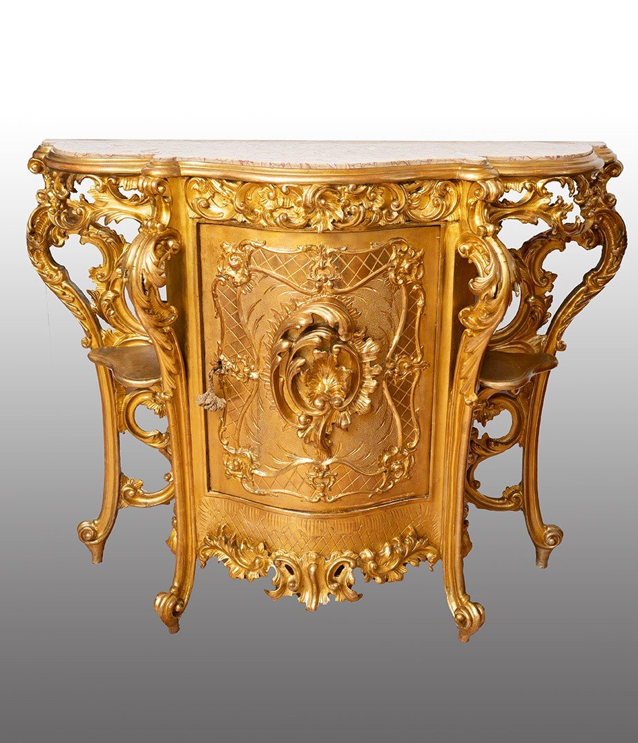 Antique Louis Philippe Neapolitan Sideboard In Gilded And Carved Wood With Marble Top. 