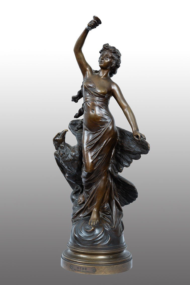 Ancient Bronze Sculpture Depicting Hebe With Jupiter's Eagle Signed "druot" 19th Century.