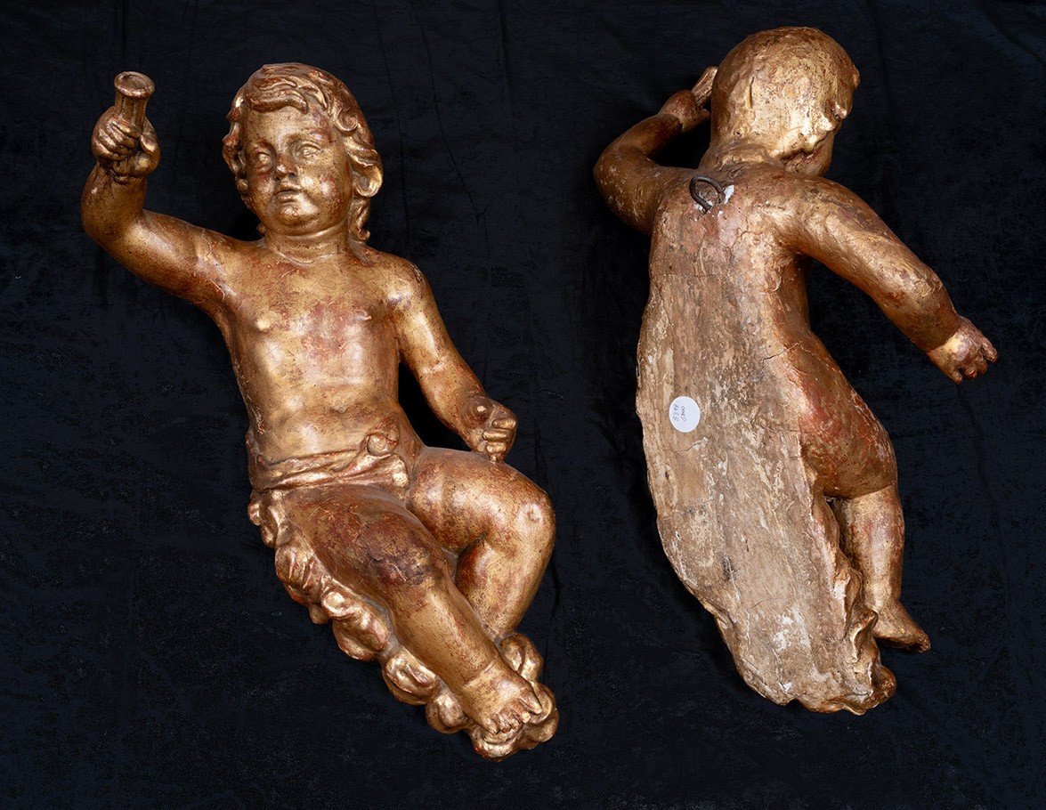 Pair Of Antique Single-trunk Cherubs In Gilded Wood. Florence, Late 17th Century.-photo-4