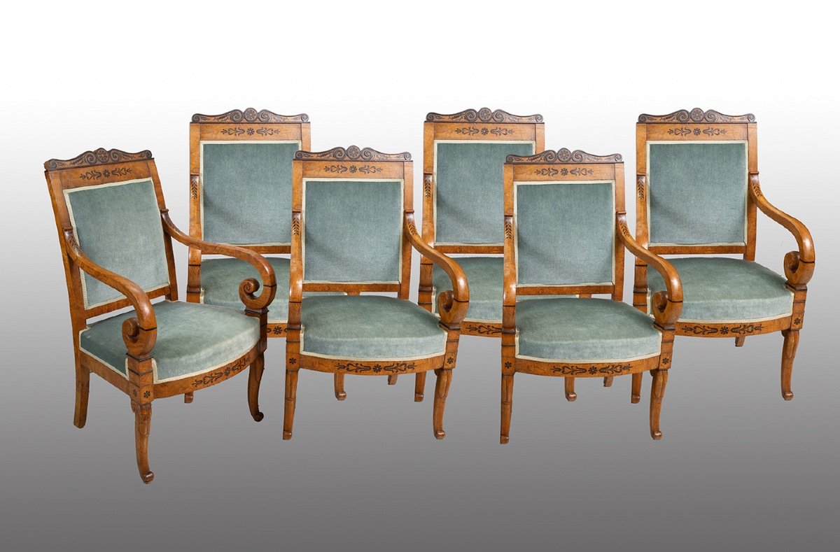 Groupe De Six Fauteuils Anciens Charles X, Français, Début XIXe Siècle.