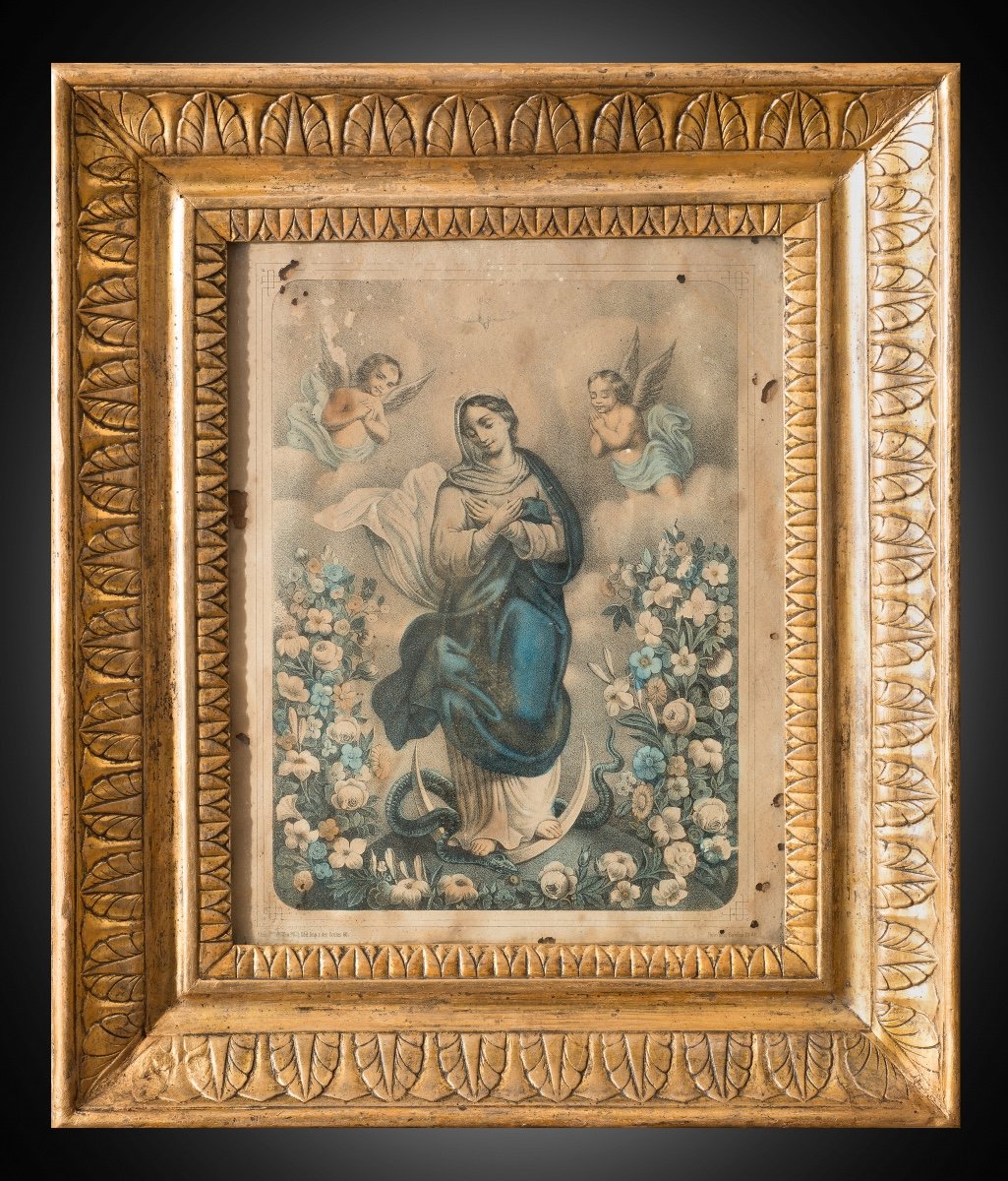 Old Painting "watercolor Representing The Immaculate", Naples 19th Century.