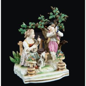 Antique Polychrome Porcelain Sculptural Group From Capodimonte. Naples Early 20th Century.