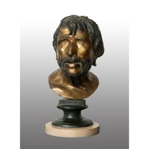 Ancient Burnished Bronze Sculpture Depicting The Head Of The Philosopher Seneca.