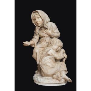 Ancient Alabaster Sculpture Depicting The Beggar Children Florence 19th Century.