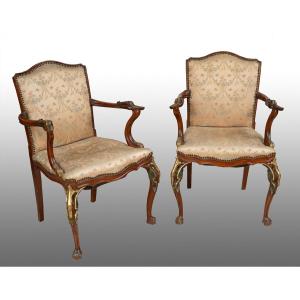 Paire De Fauteuils Ancienne Napoléon III En Acajou. France 19ème Siècle.