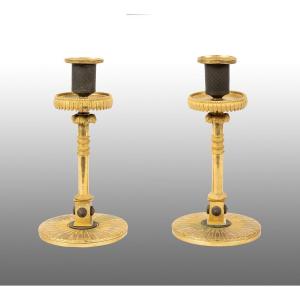 Pair Of Antique French Napoleon III Candlesticks In Gilded Bronze. 19th Century Period.