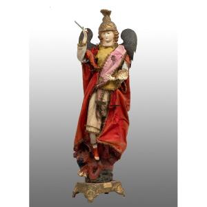 Ancient Neapolitan Sculpture Depicting The Archangel Michael. Early 20th Century Period.