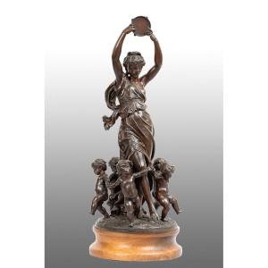 Ancient French Napoleon III Sculpture In Antimony Depicting A Dancer With Putti. 19th Century P