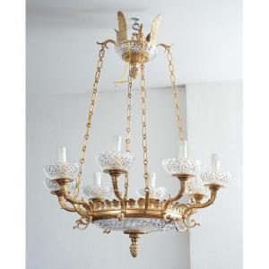 Antique French Napoleon III Chandelier In Gilded Bronze And Crystal. 19th Century Period.