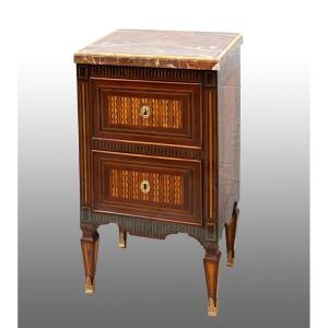 Antique Louis XVI Neapolitan Bedside Table In Polychrome Woods With Sicilian Jasper Marble Top.
