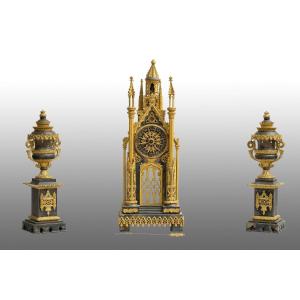Neo-gothic Clock Triptych France Early 19th Century.