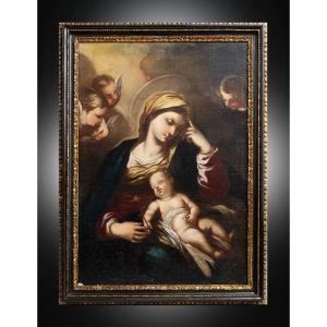 Ancient Oil Painting On Canvas Depicting Madonna And Child Naples 18th Century.