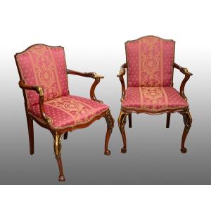 Pair Of Antique Napoleon III Armchairs In Mahogany. France 19th Century.