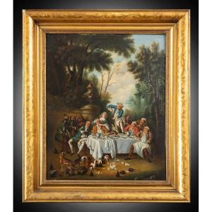 Antique Oil Painting On Canvas Depicting A Banquet In The Countryside. France, 19th Century.