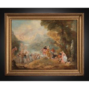 Ancient Painting Depicting The Pilgrimage To Cythera. France 19th Century.