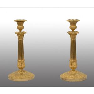 Pair Of Antique French Empire Gilded Bronze Candlesticks. Period 19th Century.