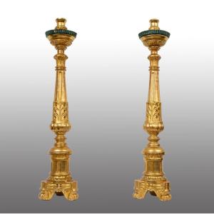 Pair Of Antique Gilded And Carved Wooden Torches. Florence, Early 19th Century.