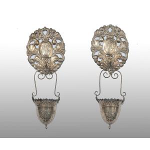 Pair Of Antique Holy Water Stoups In Chiseled Silver. Rome, 19th Century.