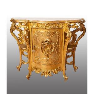 Antique Louis Philippe Neapolitan Sideboard In Gilded And Carved Wood With Marble Top. 