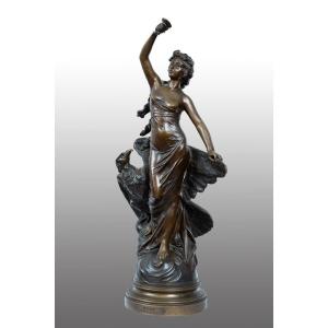 Ancient Bronze Sculpture Depicting Hebe With Jupiter's Eagle Signed "druot" 19th Century.