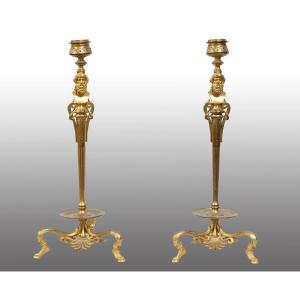 Pair Of Antique Candlesticks Signed "barbedienne". France 19th Century.