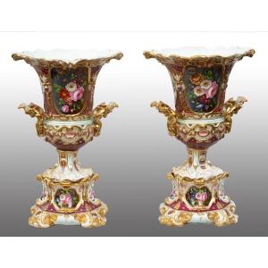 Pair Of Antique Porcelain Vases 19th Century France