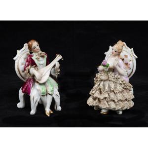 Pair Of Polychrome Porcelain Sculptures, France, Early 20th Century.