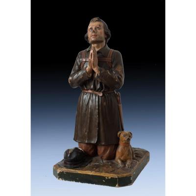 Carved Wood Sculpture Representative Saint Roch With The Dog, 18th Century.