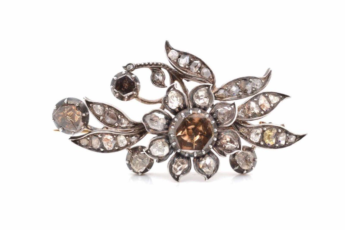 Broche 19e Roses De Diamants En Argent Et Or Jaune 18k