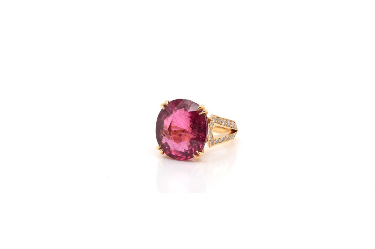 Bague Rubellite Et Diamants En Or Jaune 18k-photo-4