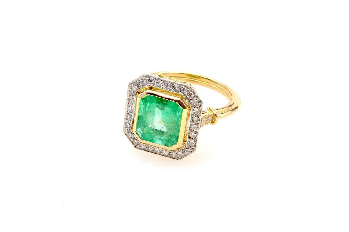Hexagonal Emerald And Diamond Ring