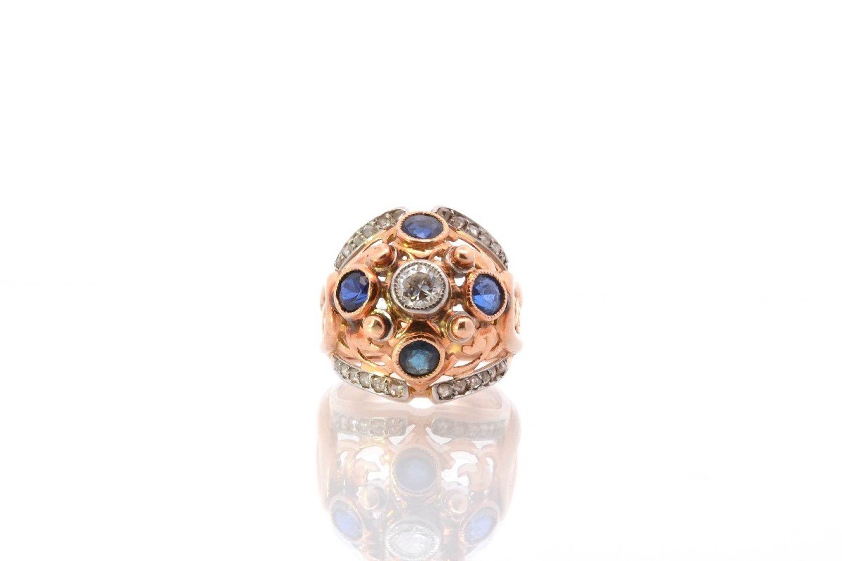 1950 Dome Ring Diamonds And Sapphires In Gold-photo-2