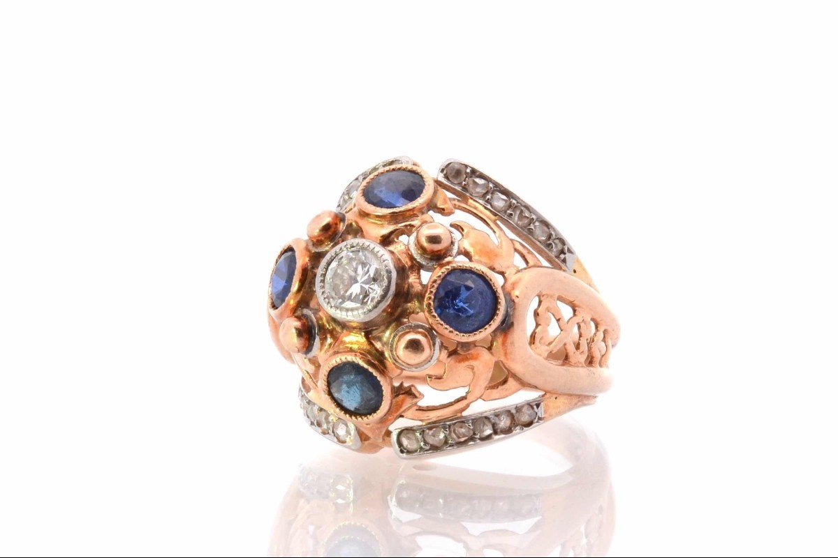 1950 Dome Ring Diamonds And Sapphires In Gold