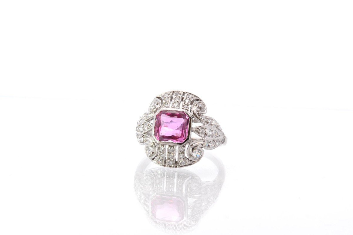 Bague Saphir Rose Et Diamants En Platine-photo-4