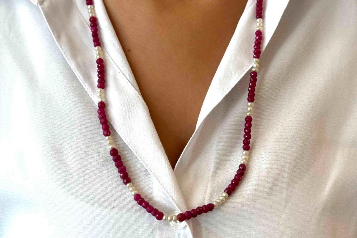 Cultured Pearl And Faceted Ruby Bead Necklace-photo-2